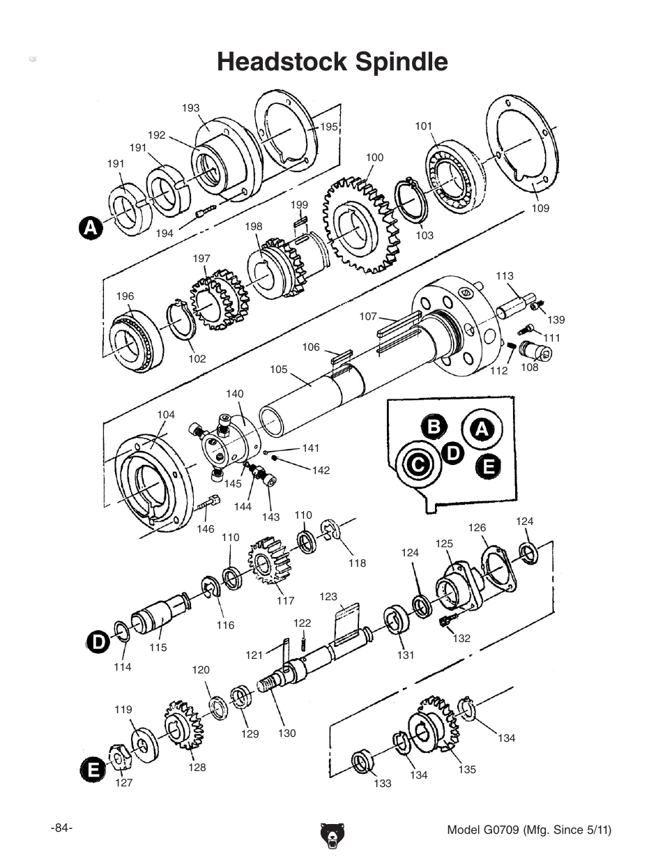 Headstock spindle | Grizzly G0709 User Manual | Page 86 / 112