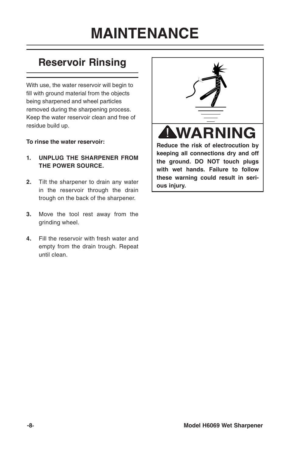 Maintenance, Reservoir rinsing | Grizzly H6069 User Manual | Page 10 / 16