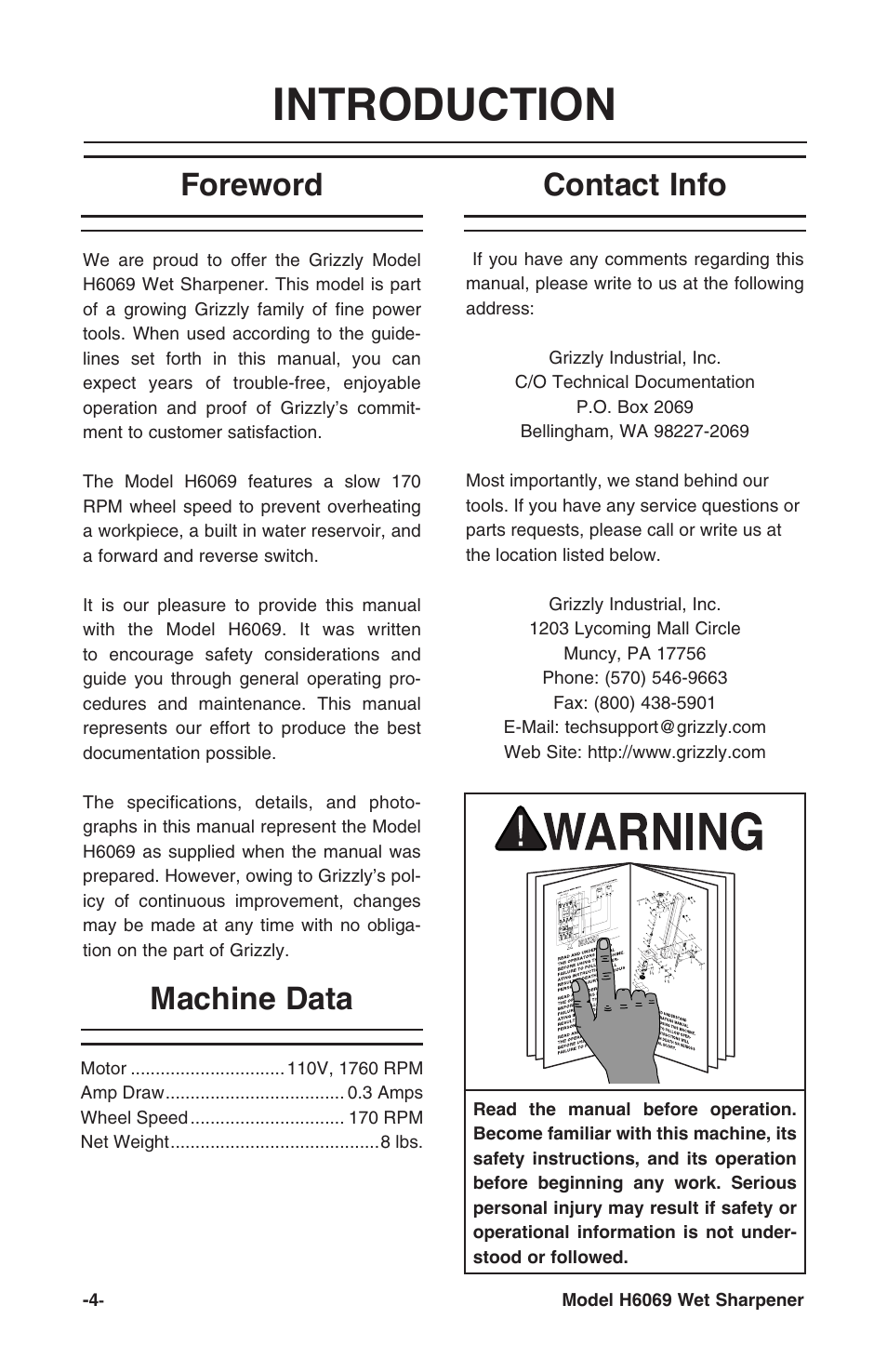 Introduction, Foreword contact info machine data | Grizzly H6069 User Manual | Page 6 / 16