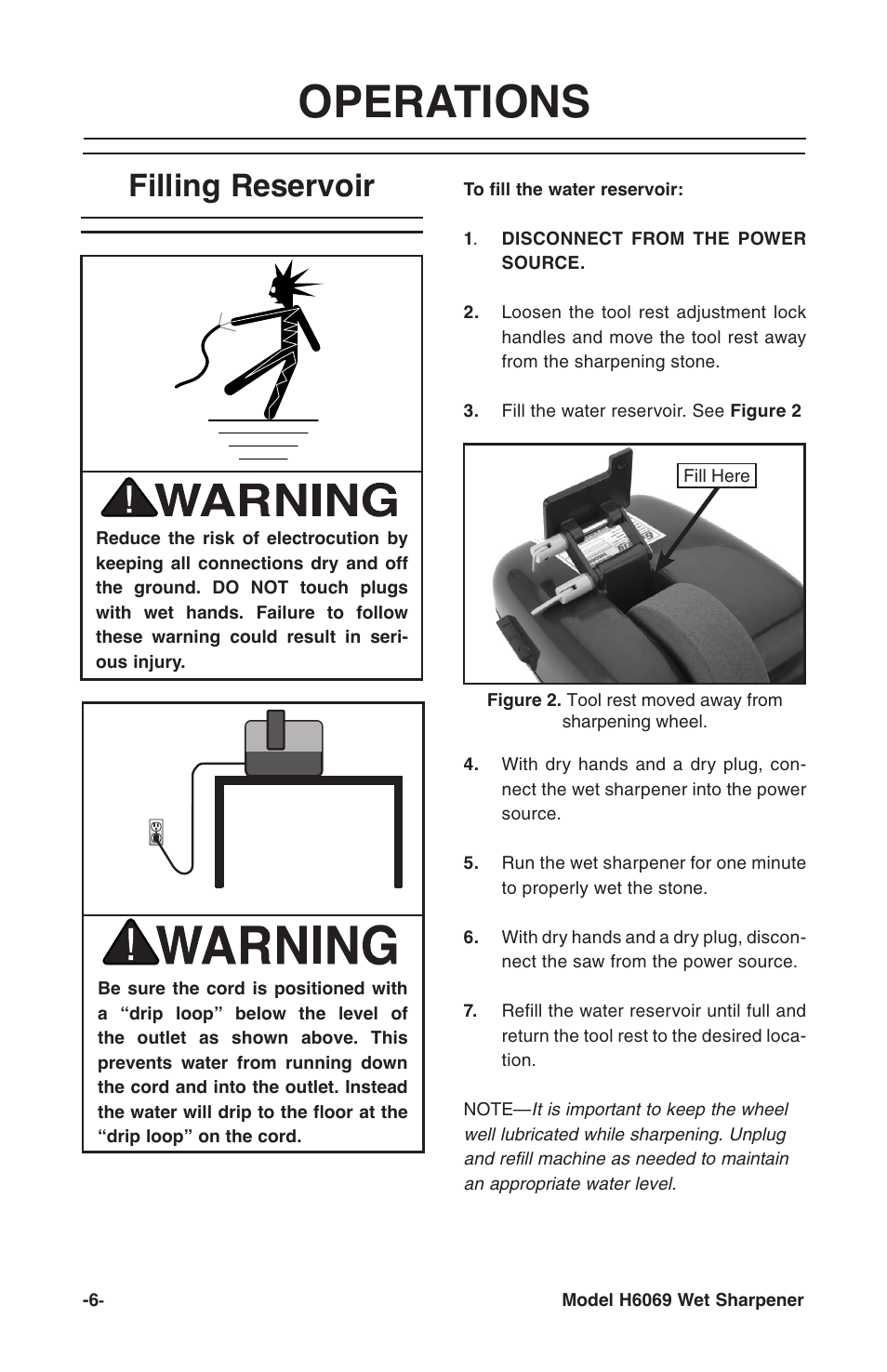 Operations, Filling reservoir | Grizzly H6069 User Manual | Page 8 / 16
