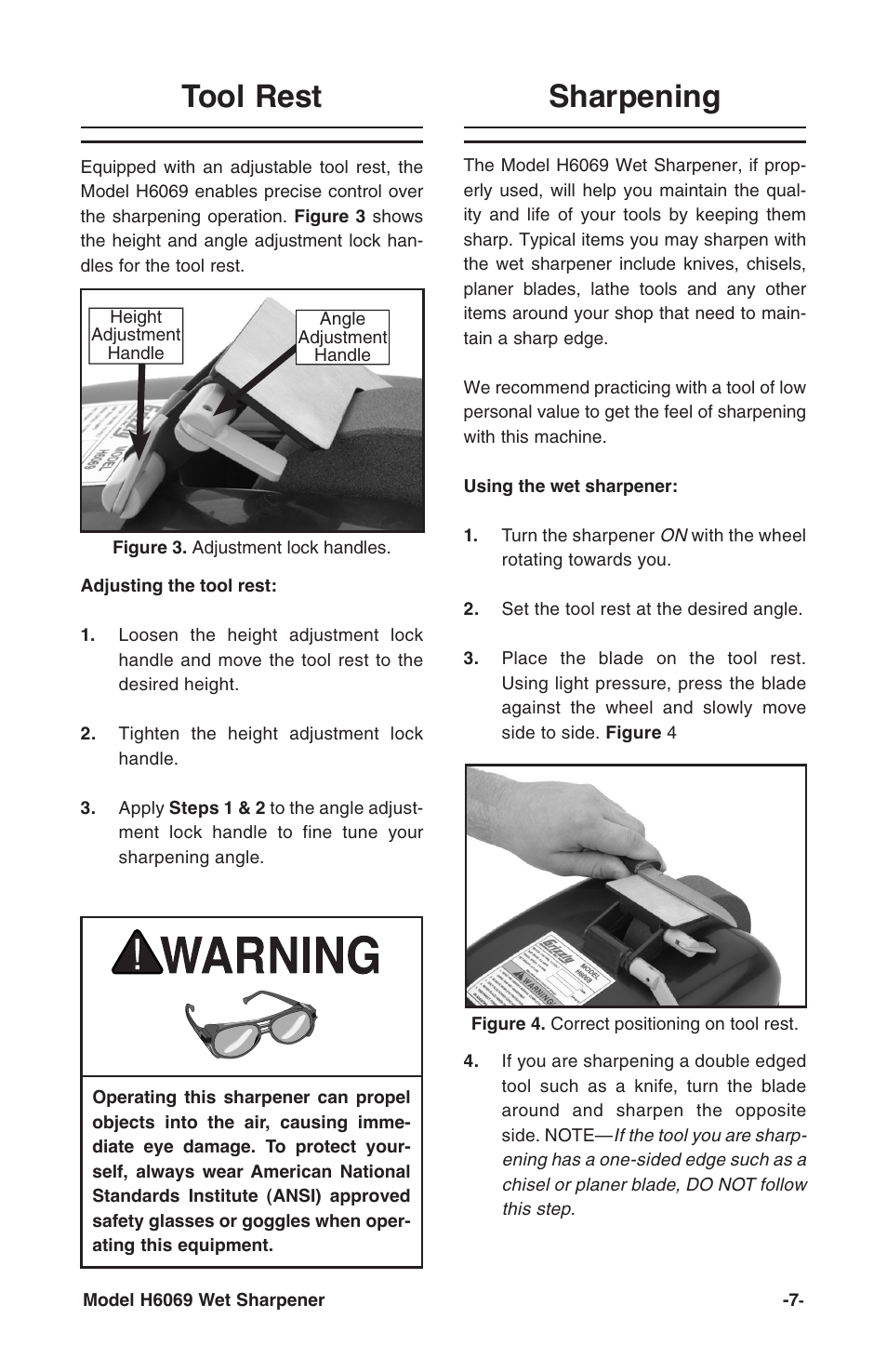 Sharpening, Tool rest | Grizzly H6069 User Manual | Page 9 / 16