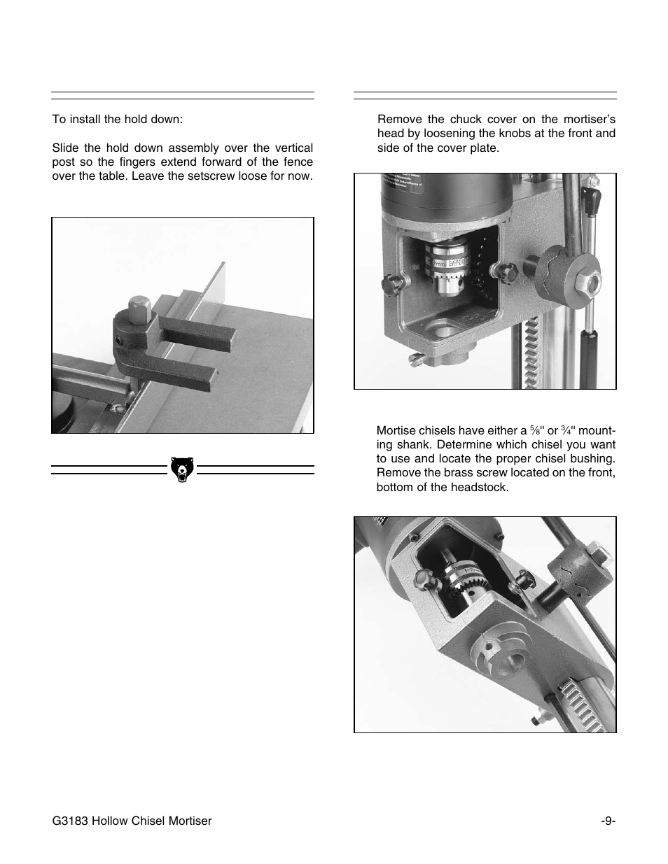 Hold down, Chisel installation | Grizzly G3183 User Manual | Page 11 / 26