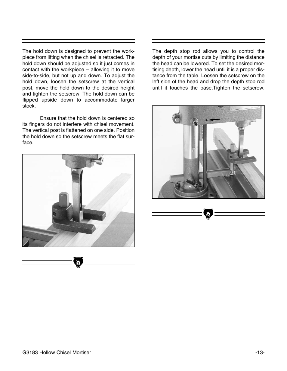 Hold down, Depth stop | Grizzly G3183 User Manual | Page 15 / 26