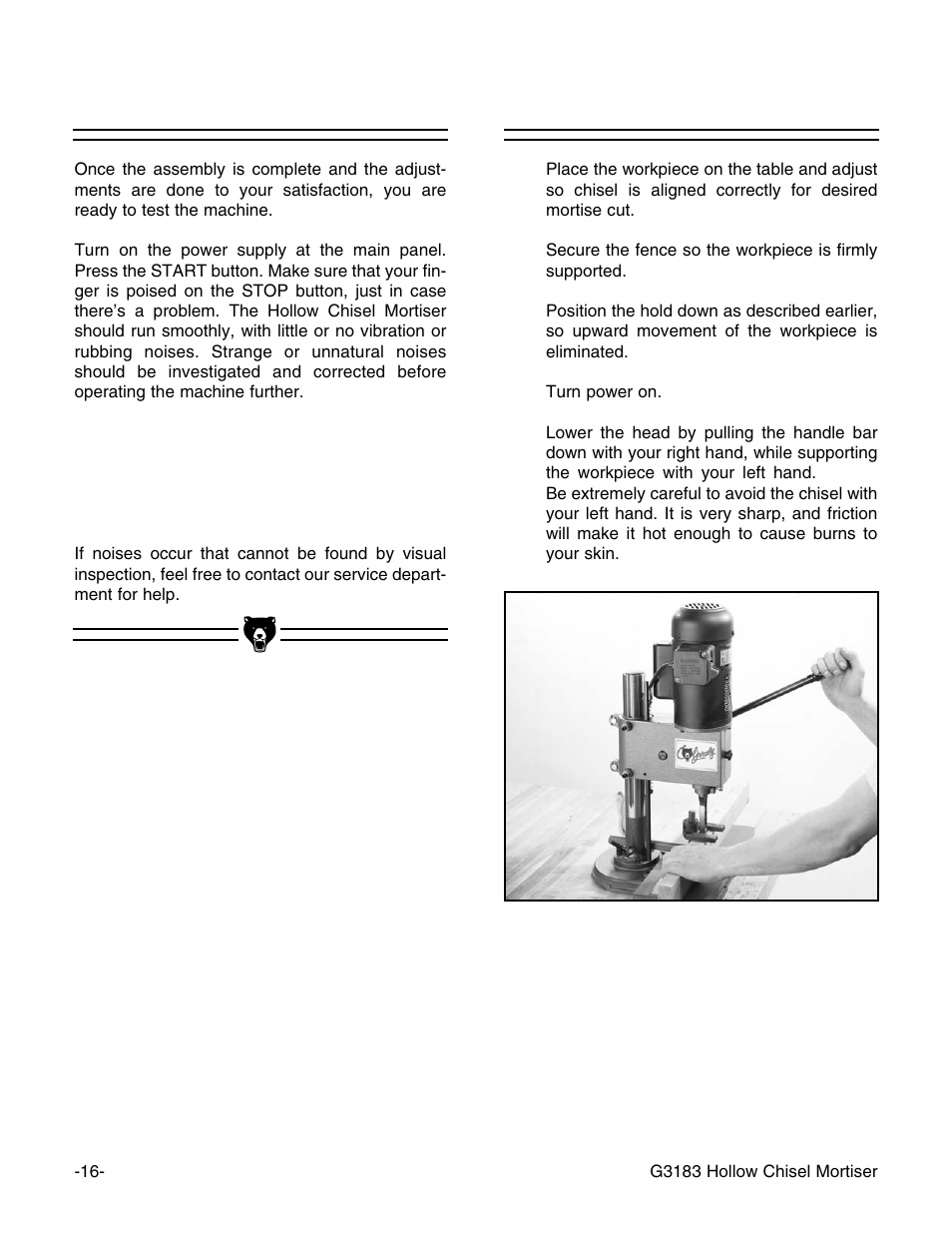 Test run, Mortising | Grizzly G3183 User Manual | Page 18 / 26