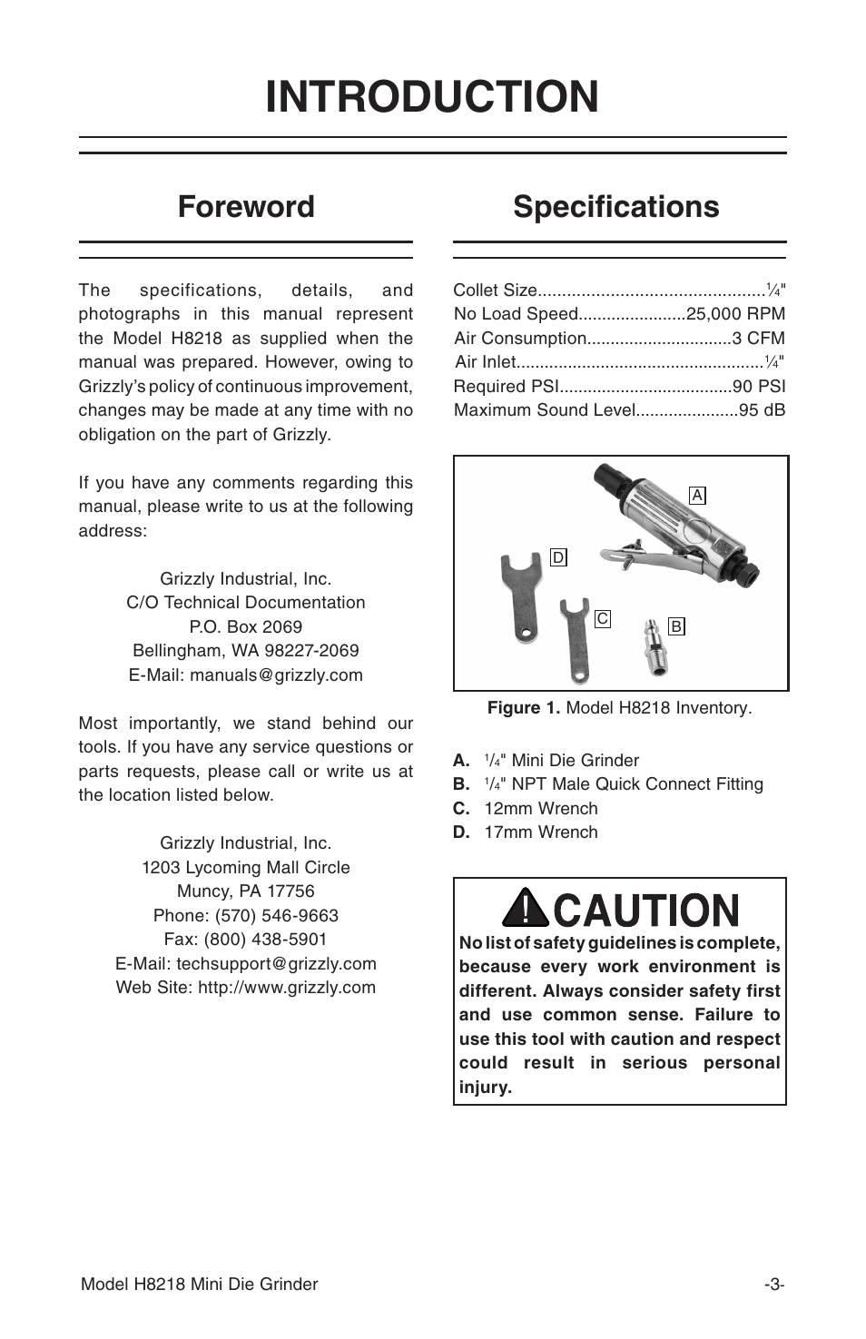 Introduction, Specifications, Foreword | Grizzly H8218 User Manual | Page 5 / 8