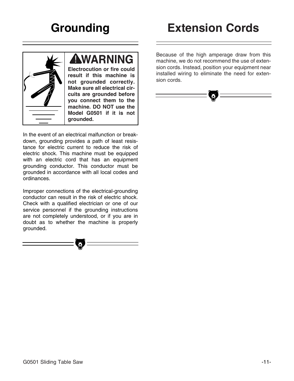 Extension cords grounding | Grizzly G0501 User Manual | Page 13 / 96