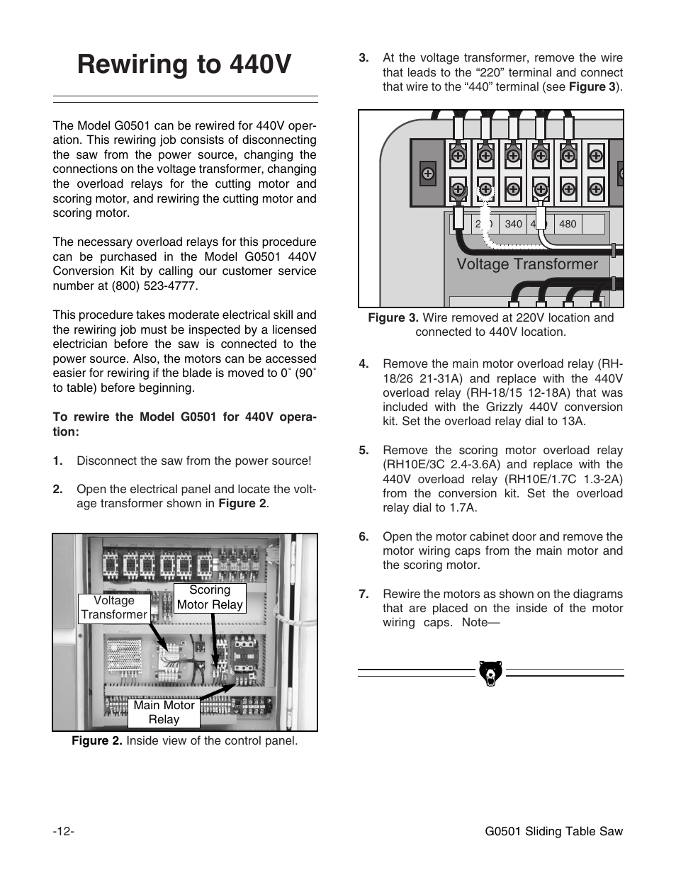 Rewiring to 440v, Voltage transformer | Grizzly G0501 User Manual | Page 14 / 96