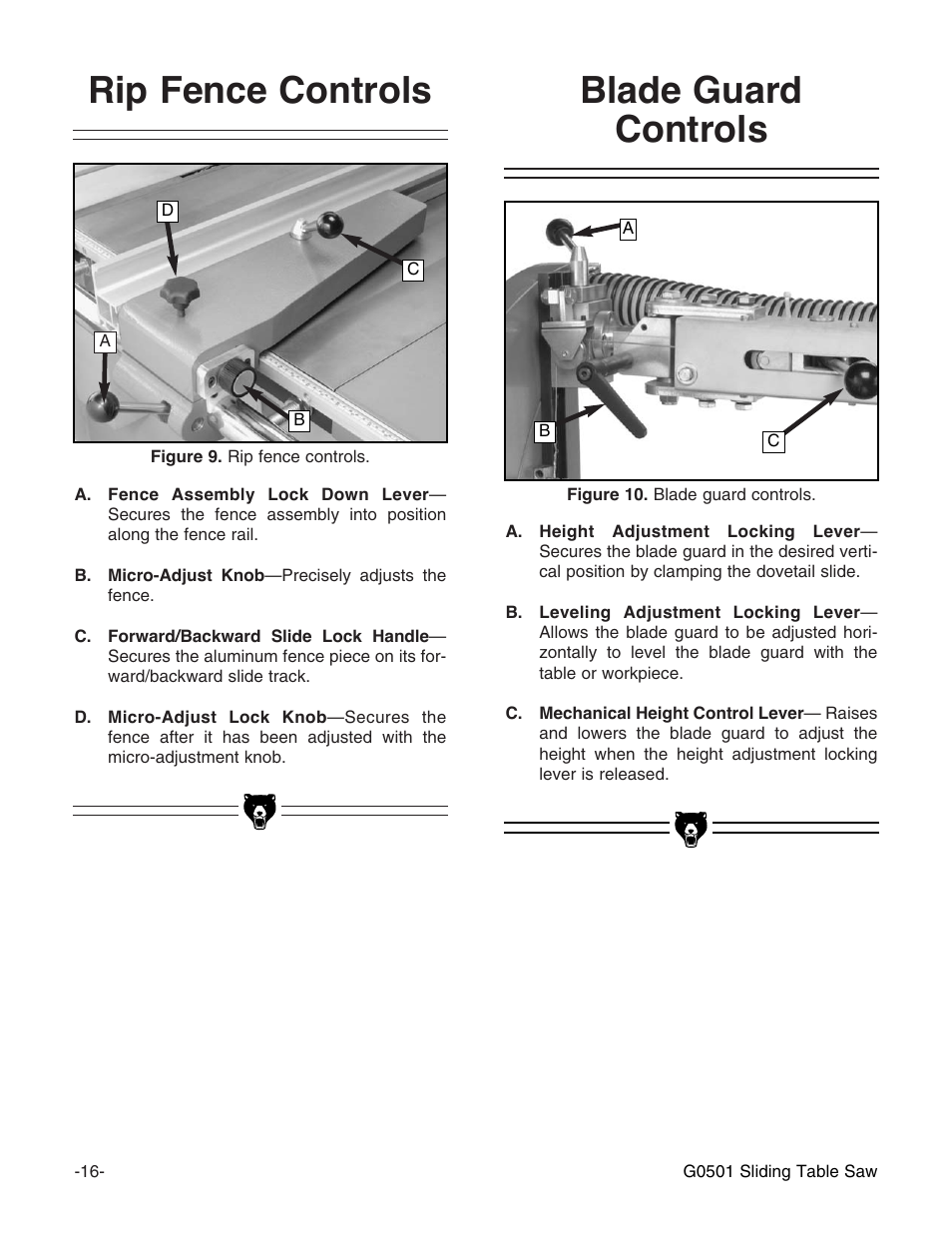 Blade guard controls, Rip fence controls | Grizzly G0501 User Manual | Page 18 / 96