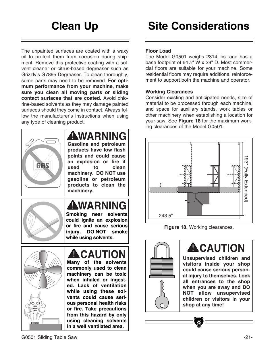 Site considerations clean up | Grizzly G0501 User Manual | Page 23 / 96