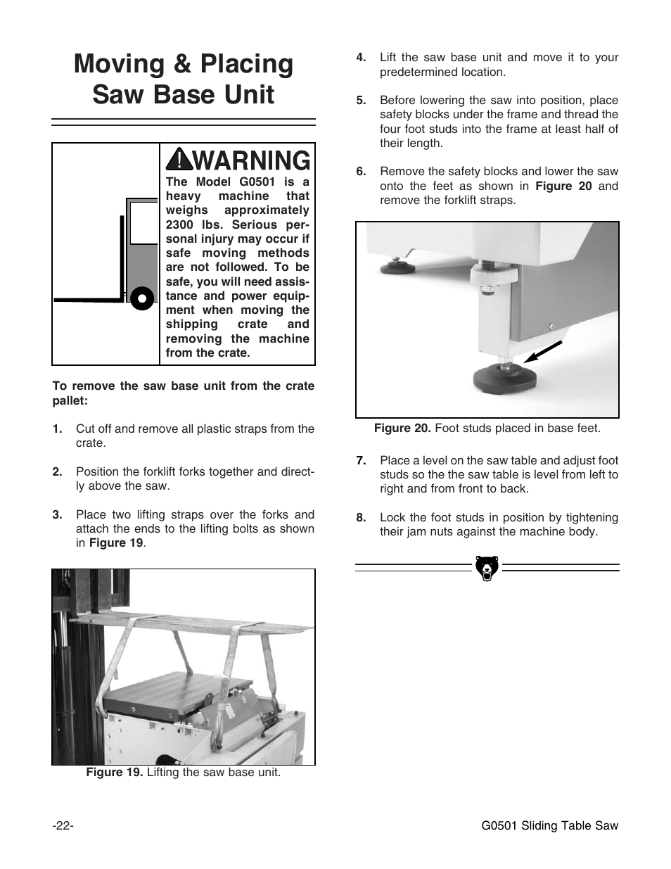 Moving & placing saw base unit | Grizzly G0501 User Manual | Page 24 / 96