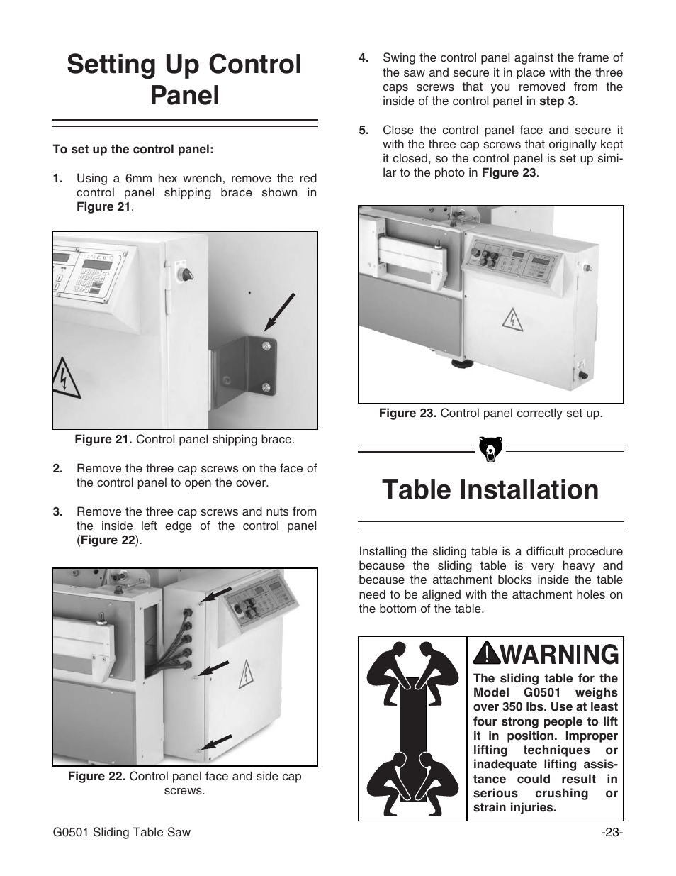 Table installation, Setting up control panel | Grizzly G0501 User Manual | Page 25 / 96