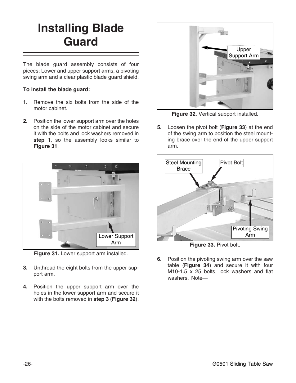 Installing blade guard | Grizzly G0501 User Manual | Page 28 / 96