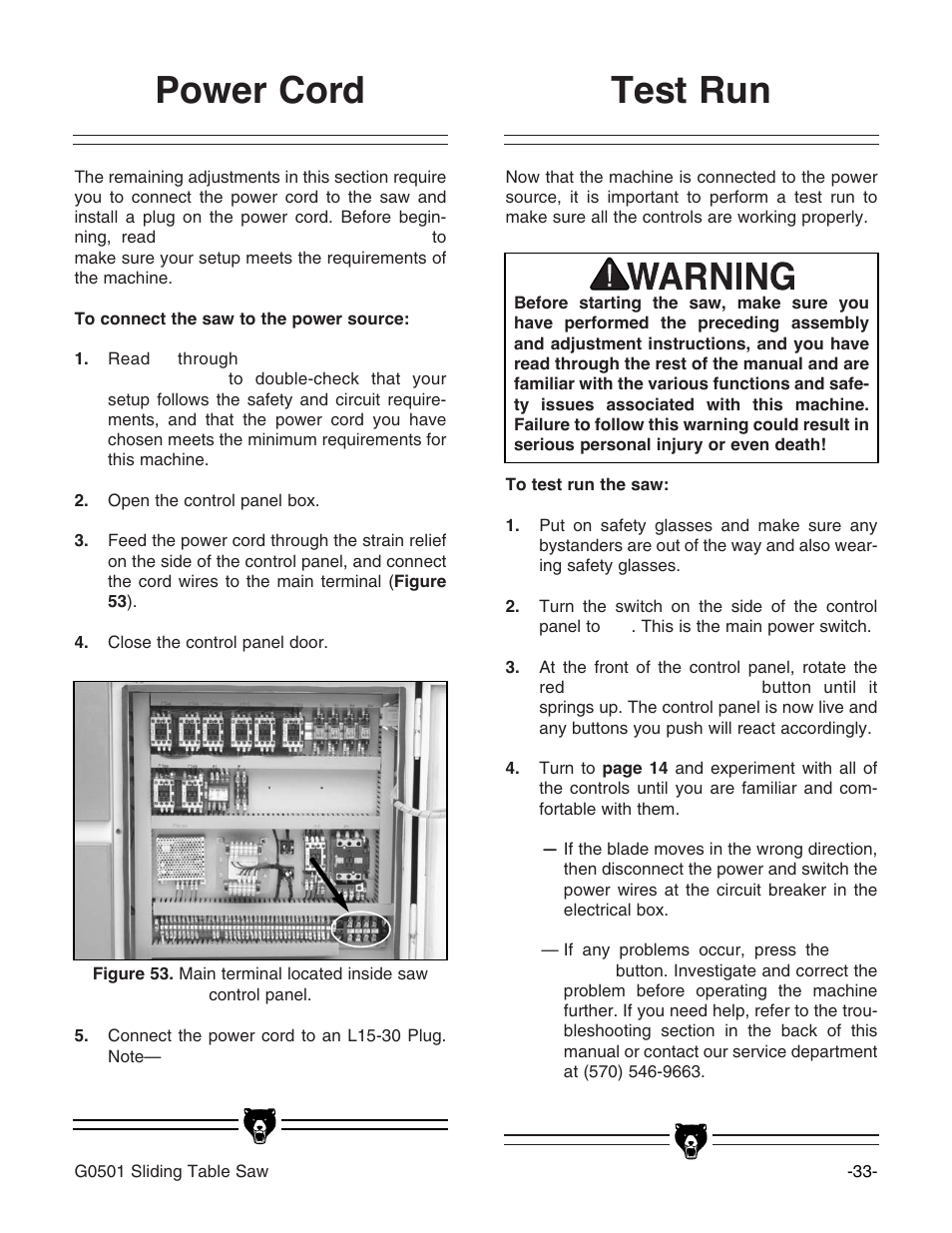 Test run, Power cord | Grizzly G0501 User Manual | Page 35 / 96