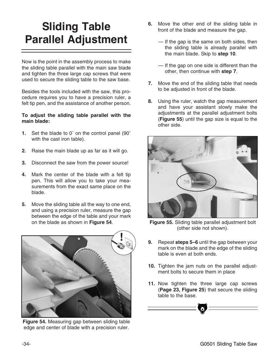 Sliding table parallel adjustment | Grizzly G0501 User Manual | Page 36 / 96