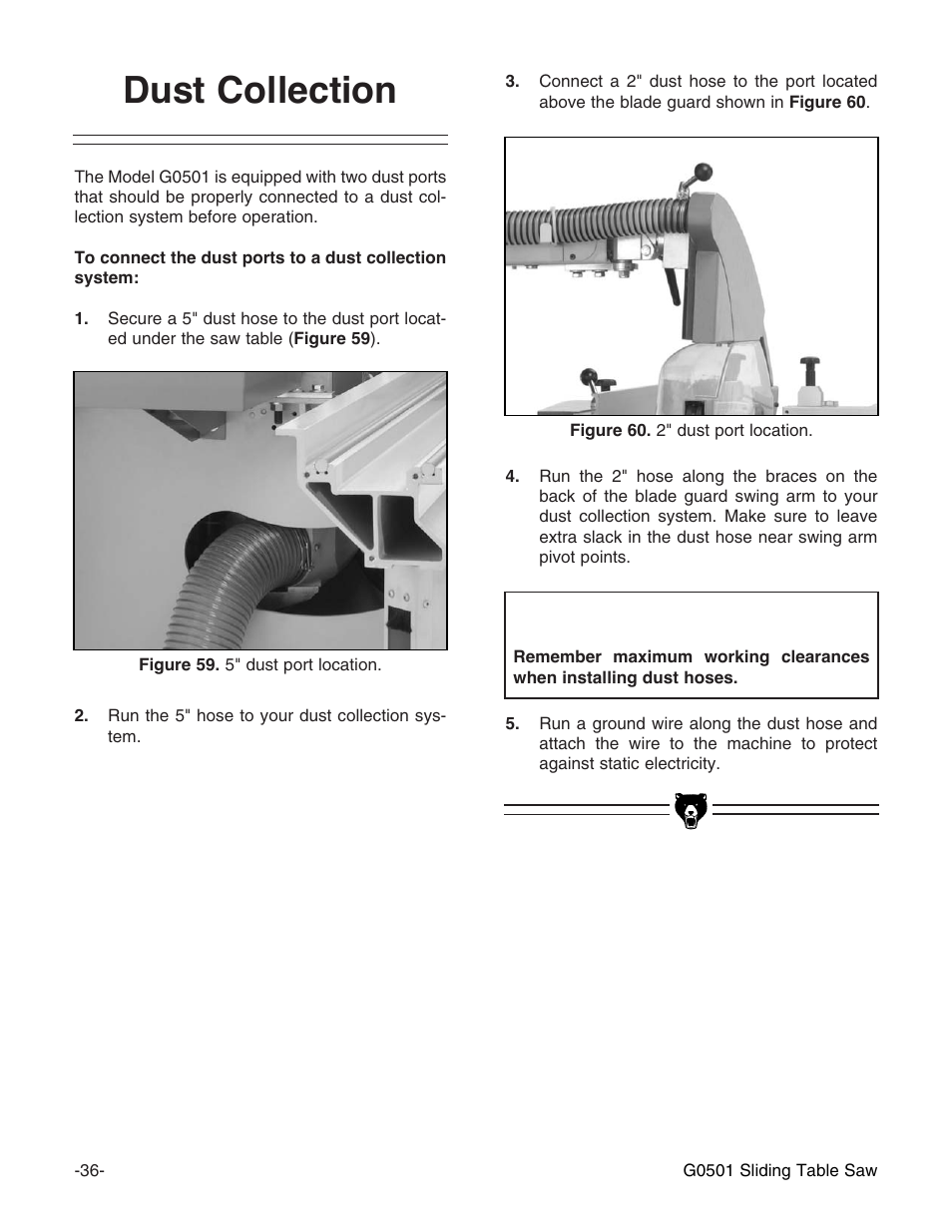 Notice, Dust collection | Grizzly G0501 User Manual | Page 38 / 96