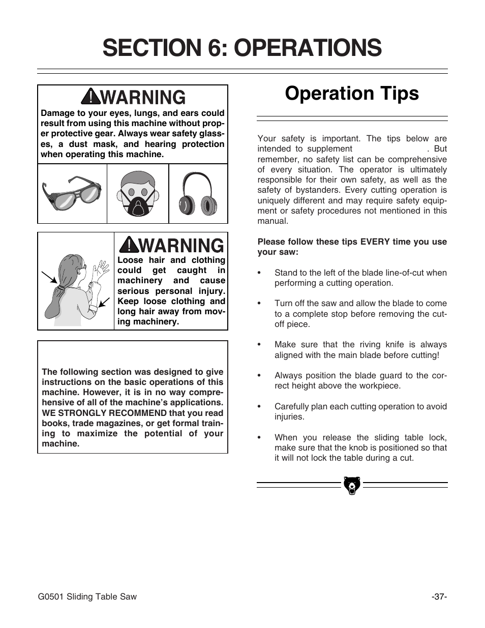 Notice, Operation tips | Grizzly G0501 User Manual | Page 39 / 96