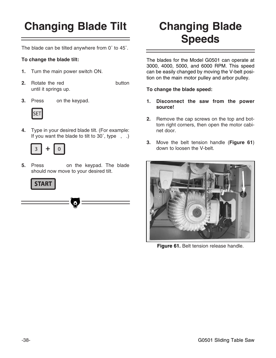 Changing blade speeds, Changing blade tilt | Grizzly G0501 User Manual | Page 40 / 96