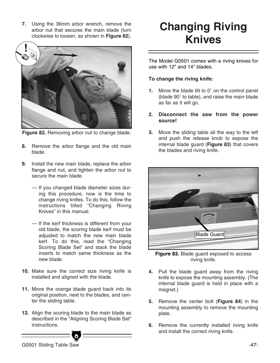 Changing riving knives | Grizzly G0501 User Manual | Page 49 / 96