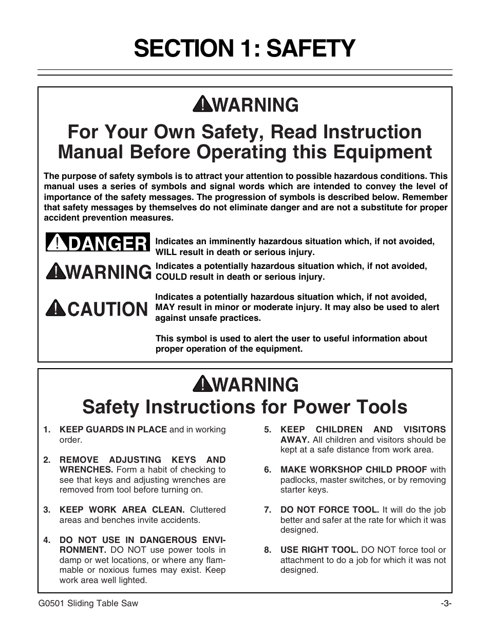 Notice safety instructions for power tools | Grizzly G0501 User Manual | Page 5 / 96