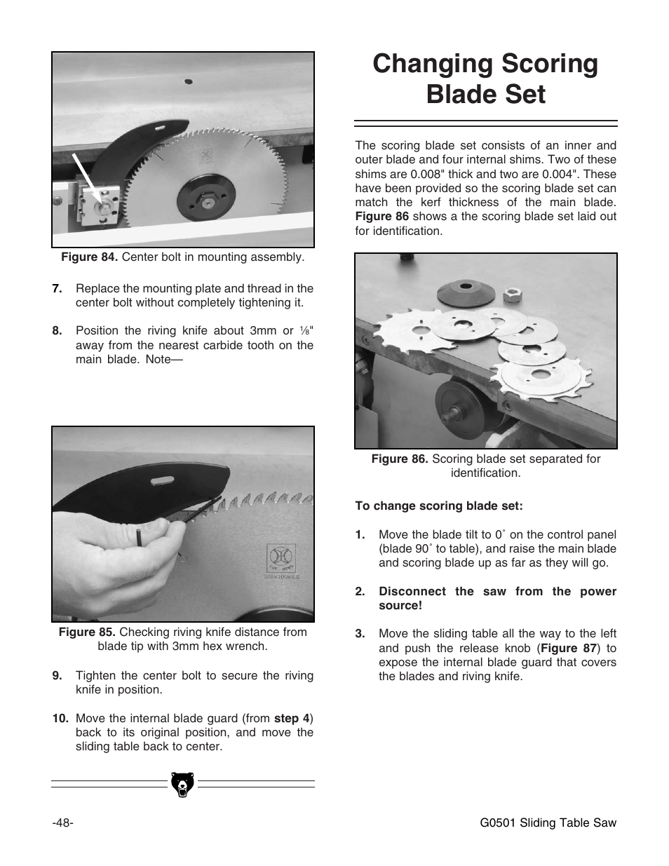 Changing scoring blade set | Grizzly G0501 User Manual | Page 50 / 96