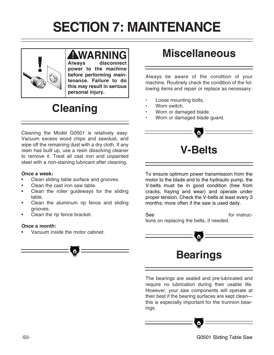 Bearings, V-belts miscellaneous cleaning | Grizzly G0501 User Manual | Page 52 / 96