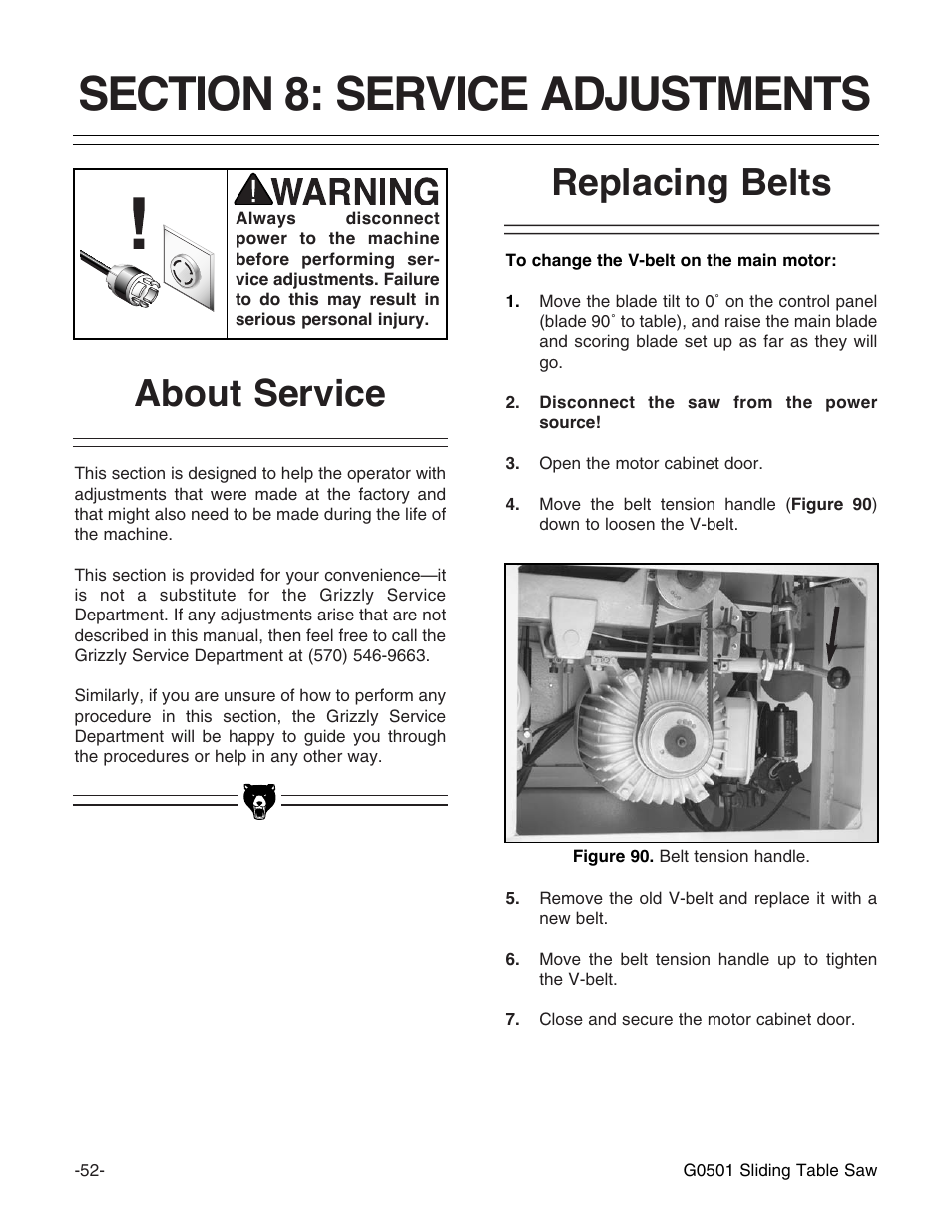 Replacing belts, About service | Grizzly G0501 User Manual | Page 54 / 96