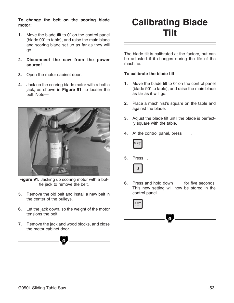 Calibrating blade tilt | Grizzly G0501 User Manual | Page 55 / 96
