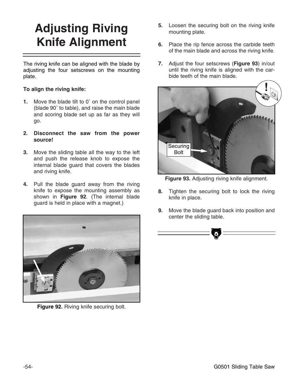 Adjusting riving knife alignment | Grizzly G0501 User Manual | Page 56 / 96