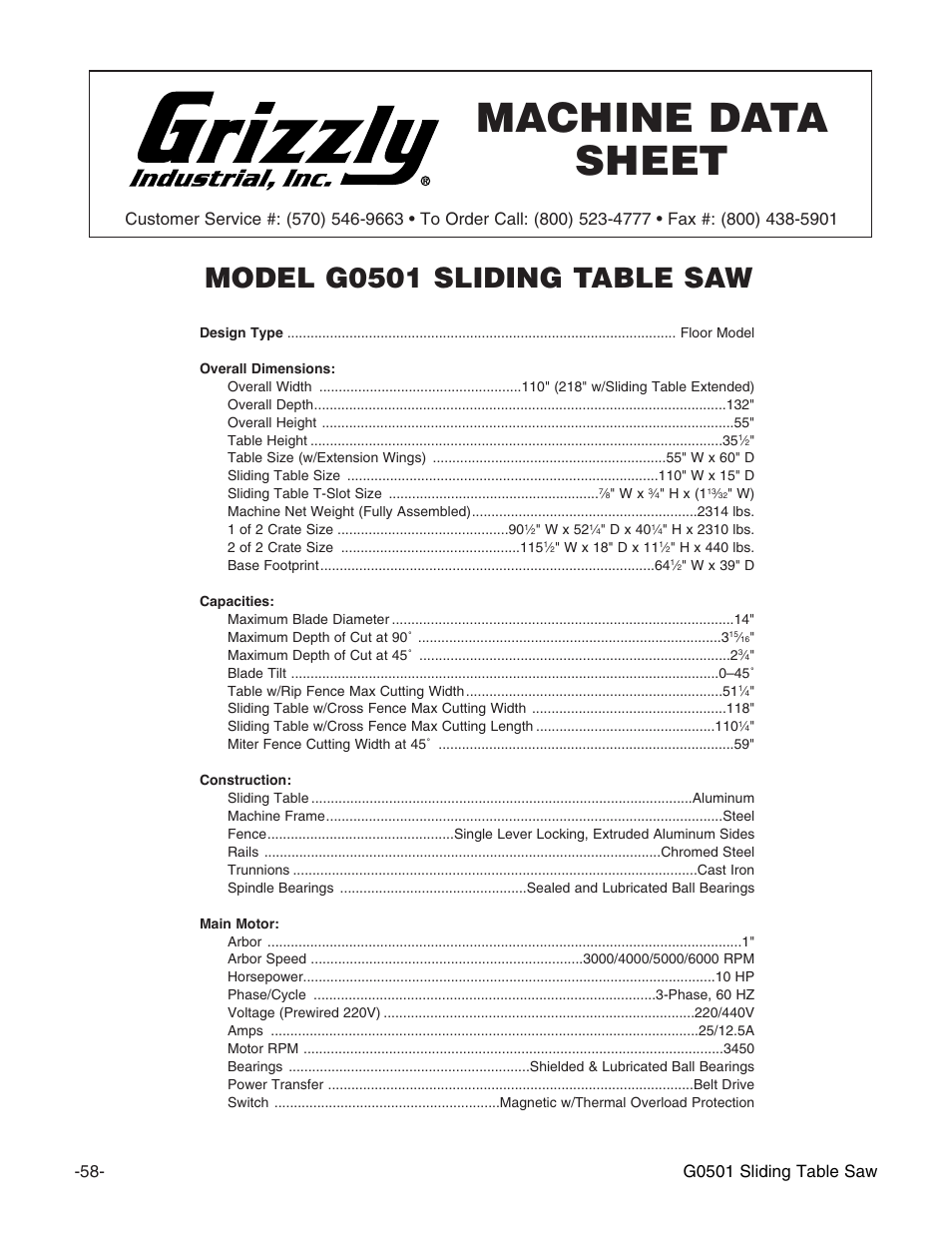 Machine data sheet, Model g0501 sliding table saw, G0501 sliding table saw | Grizzly G0501 User Manual | Page 59 / 96