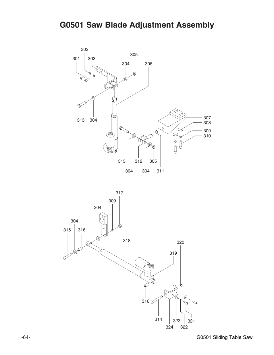 G0501 saw blade adjustment assembly | Grizzly G0501 User Manual | Page 66 / 96