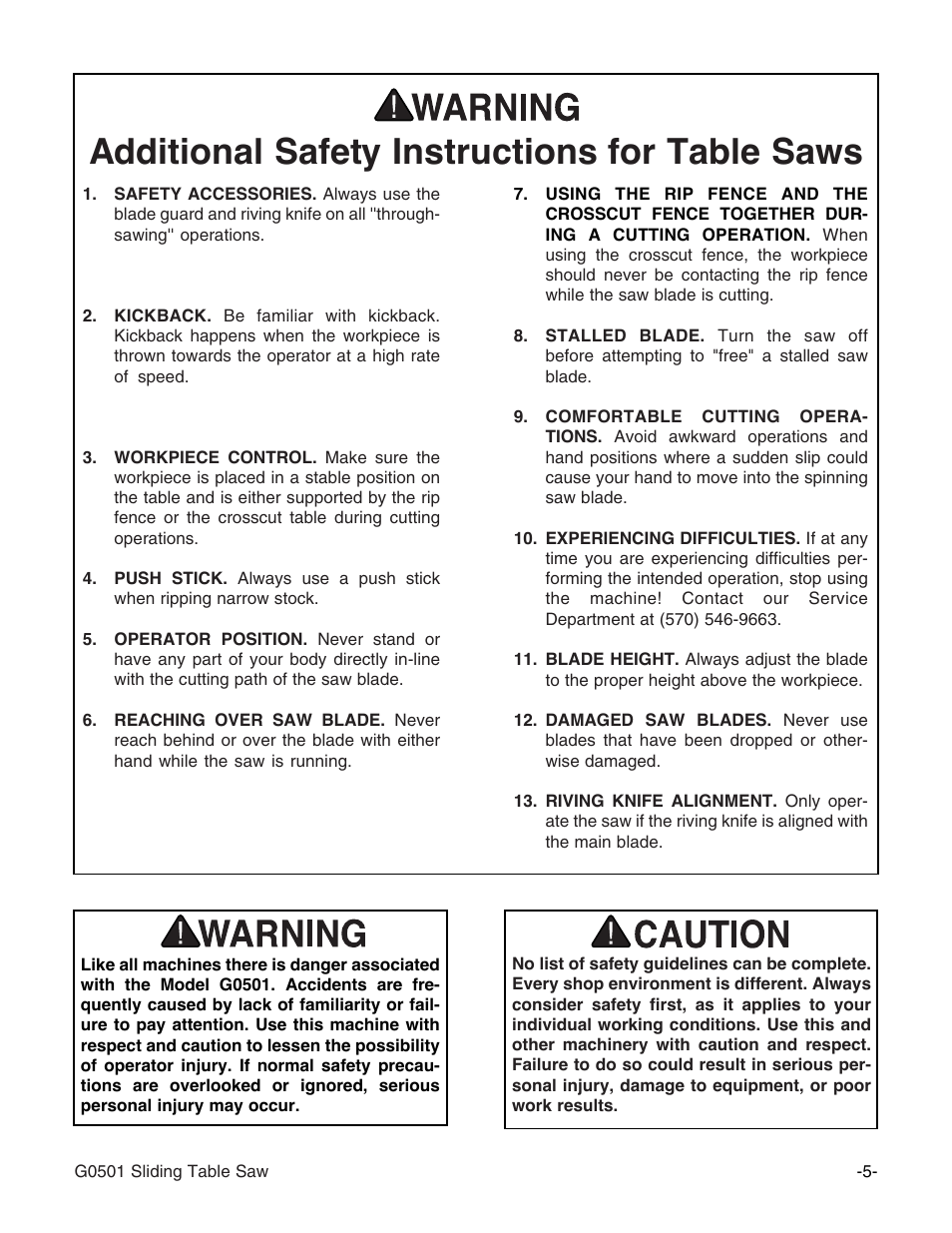 Additional safety instructions for table saws | Grizzly G0501 User Manual | Page 7 / 96