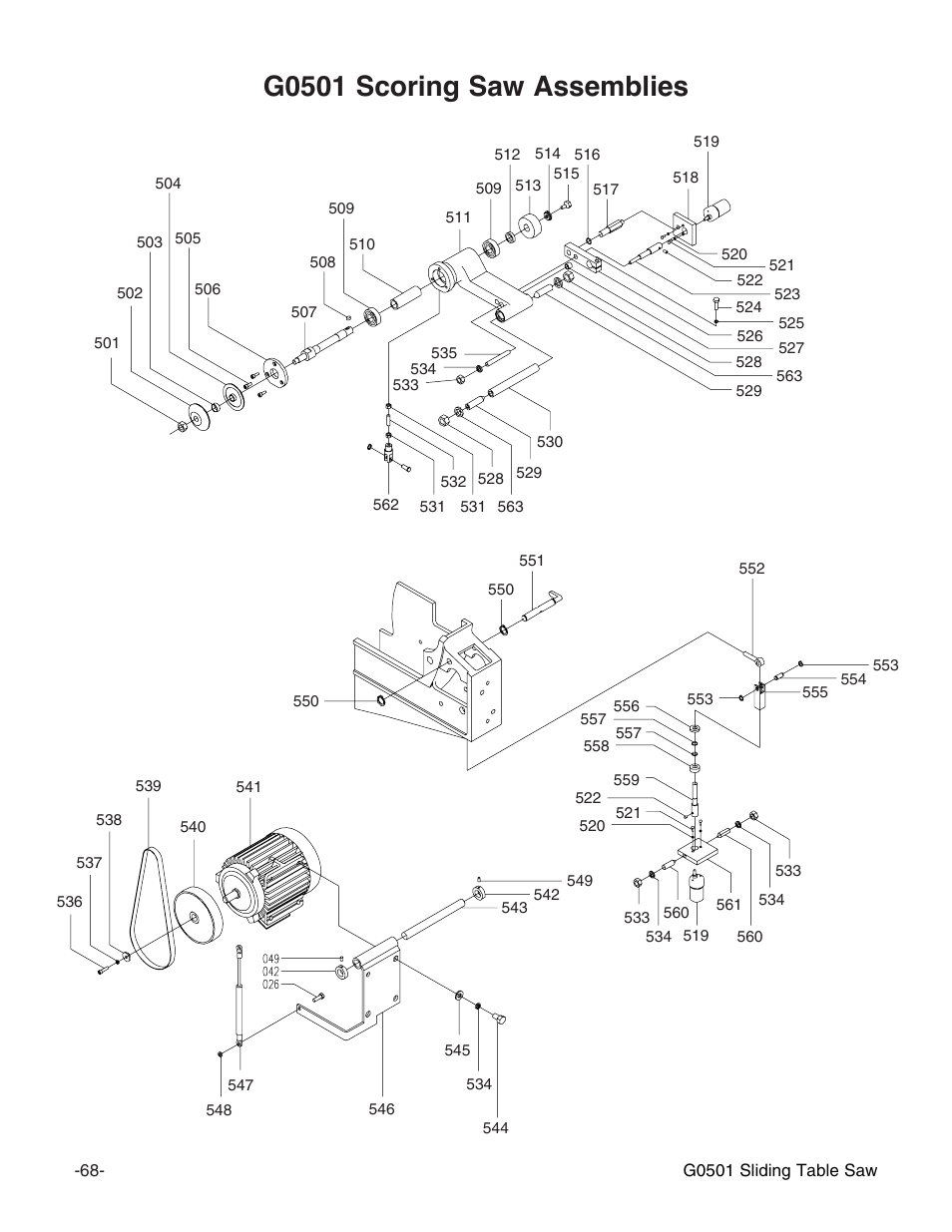 G0501 scoring saw assemblies | Grizzly G0501 User Manual | Page 70 / 96