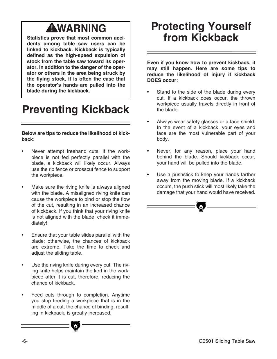 Protecting yourself from kickback, Preventing kickback | Grizzly G0501 User Manual | Page 8 / 96