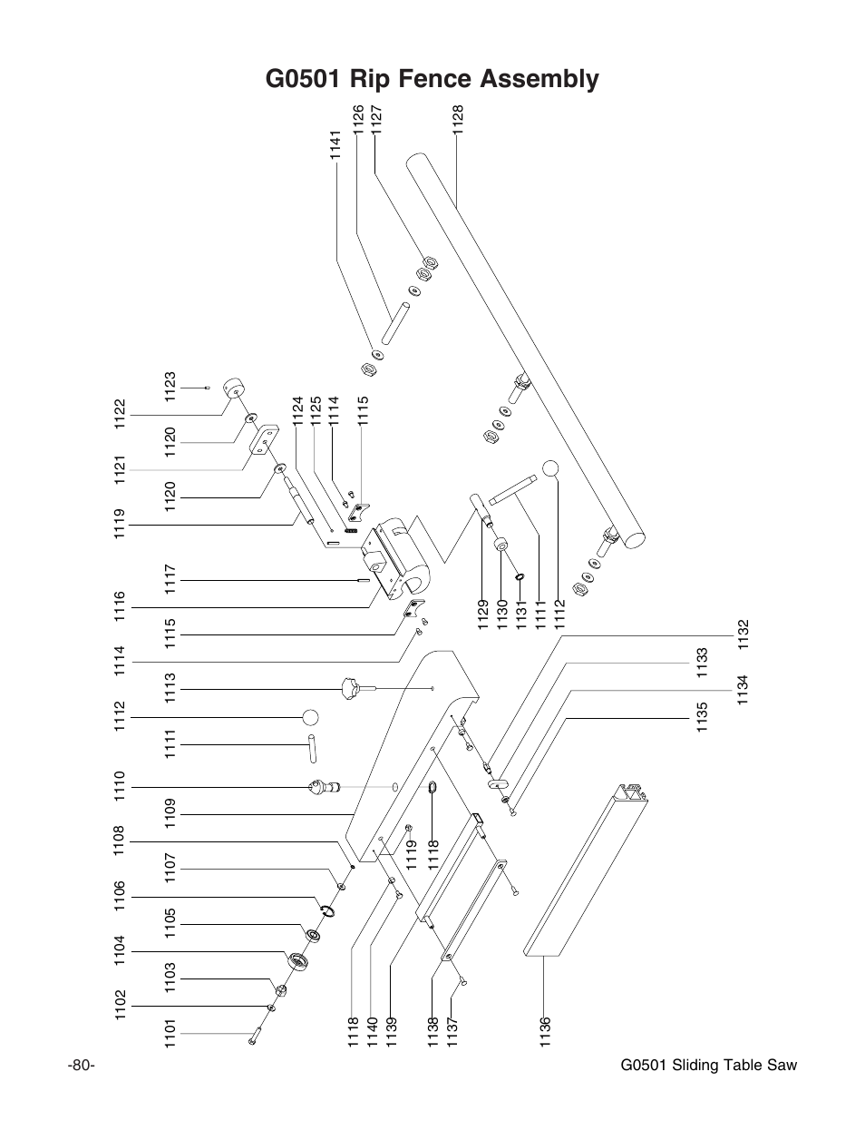 G0501 rip fence assembly | Grizzly G0501 User Manual | Page 82 / 96