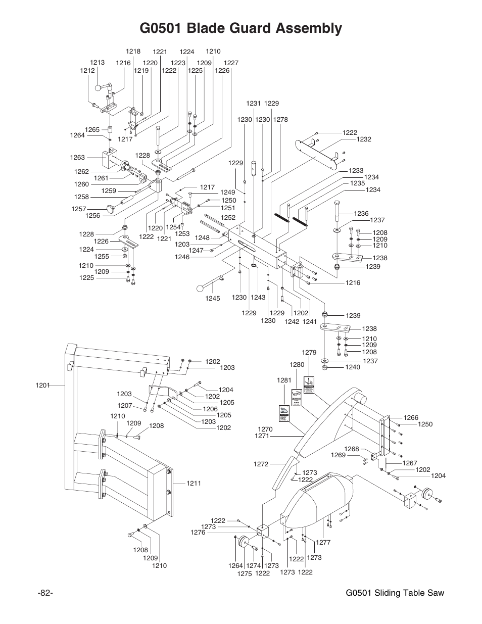 G0501 blade guard assembly, G0501 sliding table saw | Grizzly G0501 User Manual | Page 84 / 96