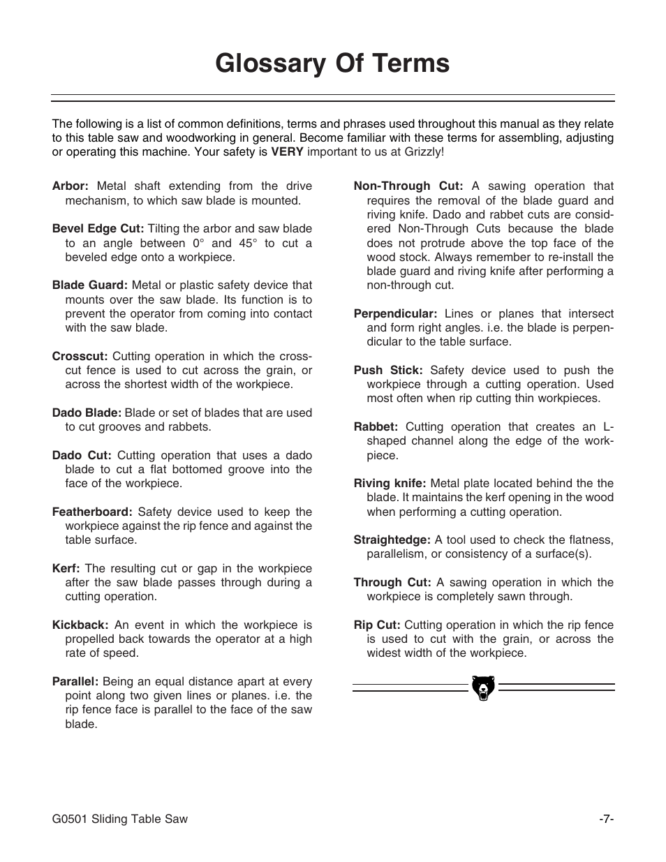 Glossary of terms | Grizzly G0501 User Manual | Page 9 / 96