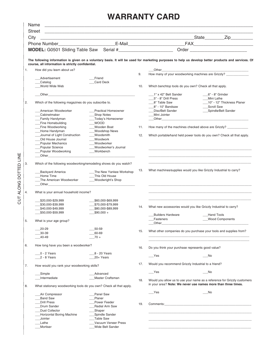 Warranty card, Cut along dotted line | Grizzly G0501 User Manual | Page 93 / 96