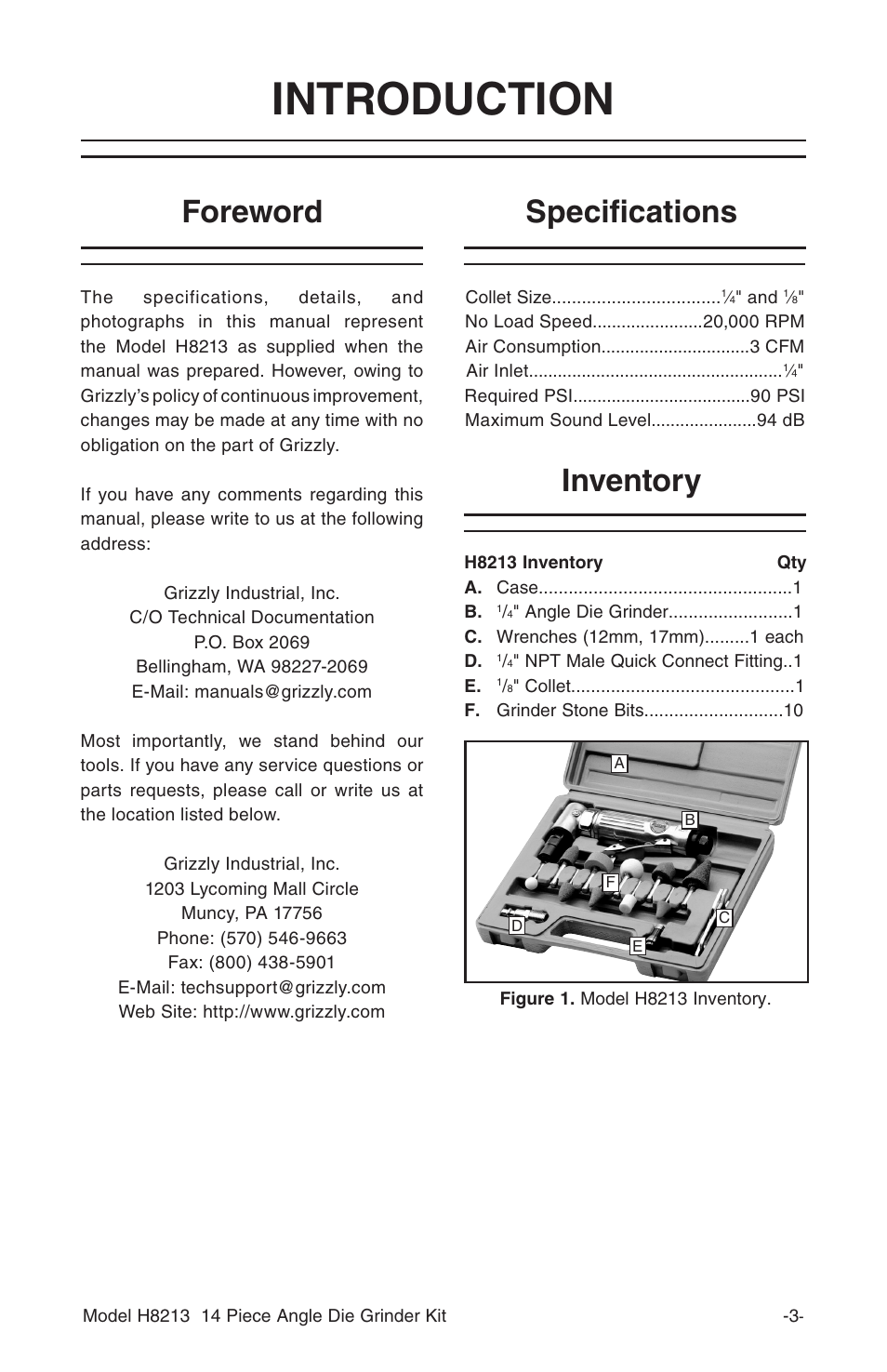 Introduction, Specifications foreword, Inventory | Grizzly 14-Piece Angle Die Kit H8213 User Manual | Page 5 / 8