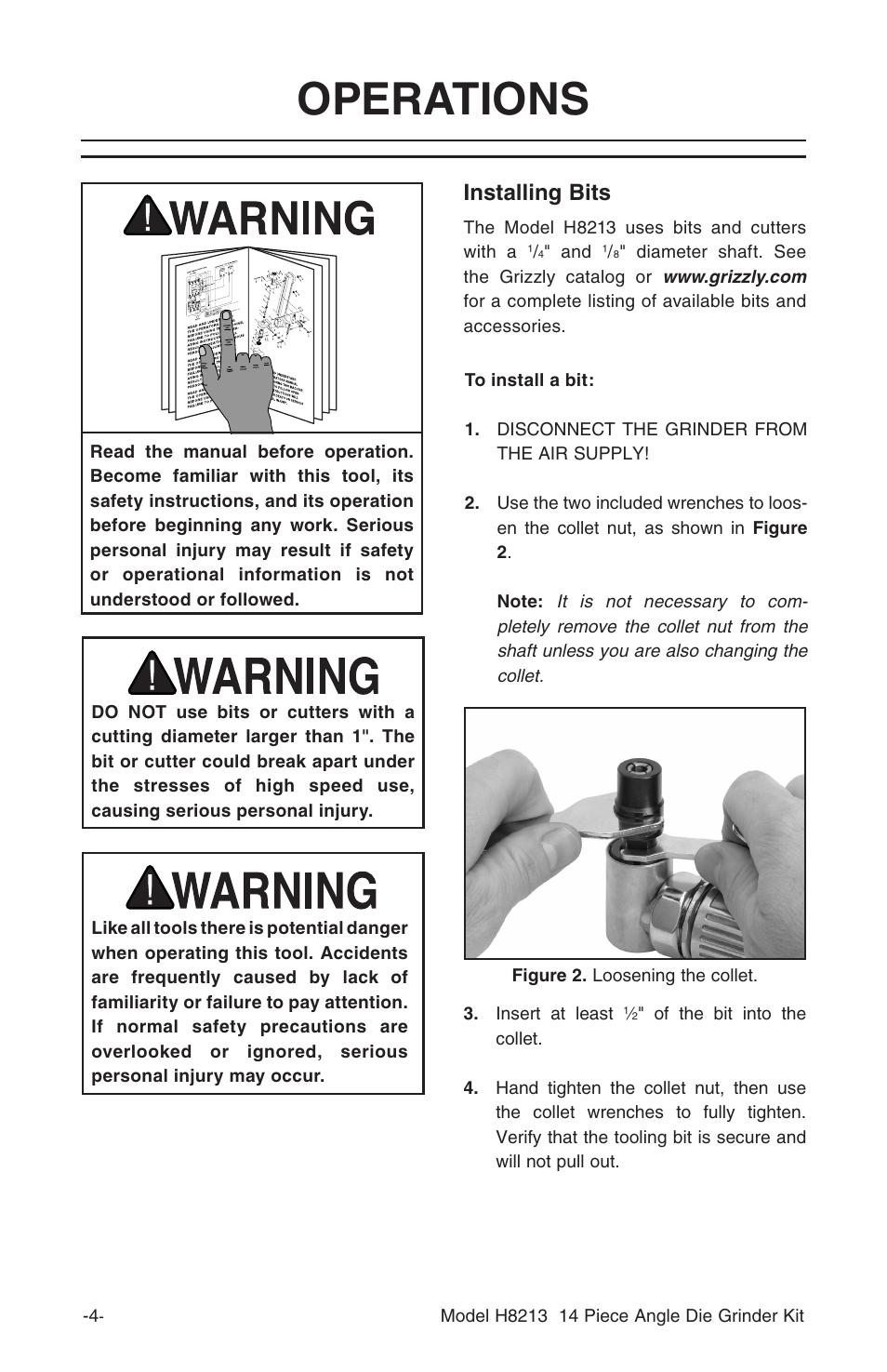 Operations, Installing bits | Grizzly 14-Piece Angle Die Kit H8213 User Manual | Page 6 / 8