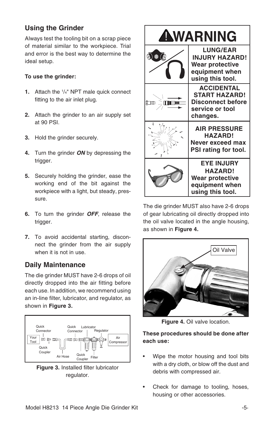 Using the grinder, Daily maintenance | Grizzly 14-Piece Angle Die Kit H8213 User Manual | Page 7 / 8