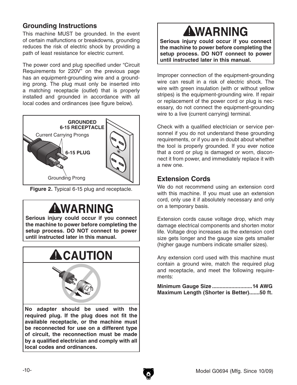 Extension cords, Grounding instructions | Grizzly G0694 User Manual | Page 12 / 60