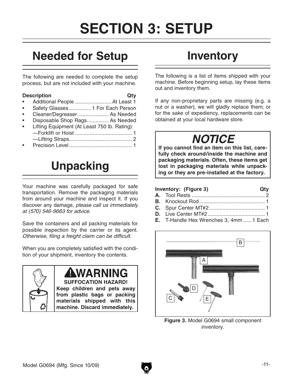 Needed for setup inventory, Notice, Unpacking | Grizzly G0694 User Manual | Page 13 / 60