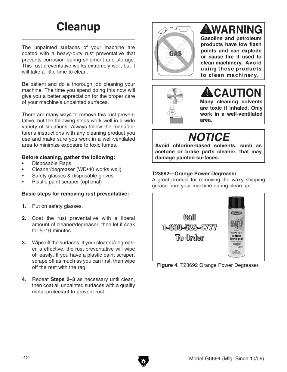 Notice, Cleanup | Grizzly G0694 User Manual | Page 14 / 60