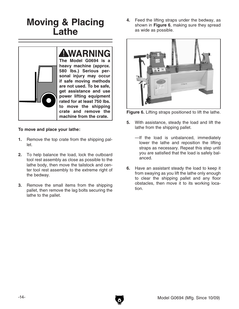 Moving & placing lathe | Grizzly G0694 User Manual | Page 16 / 60