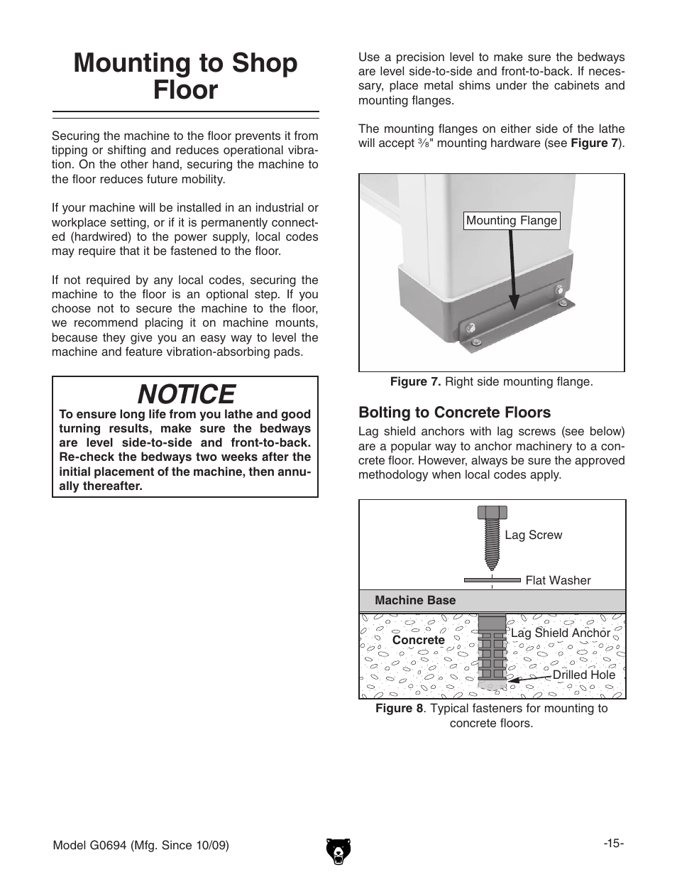 Mounting to shop floor notice | Grizzly G0694 User Manual | Page 17 / 60