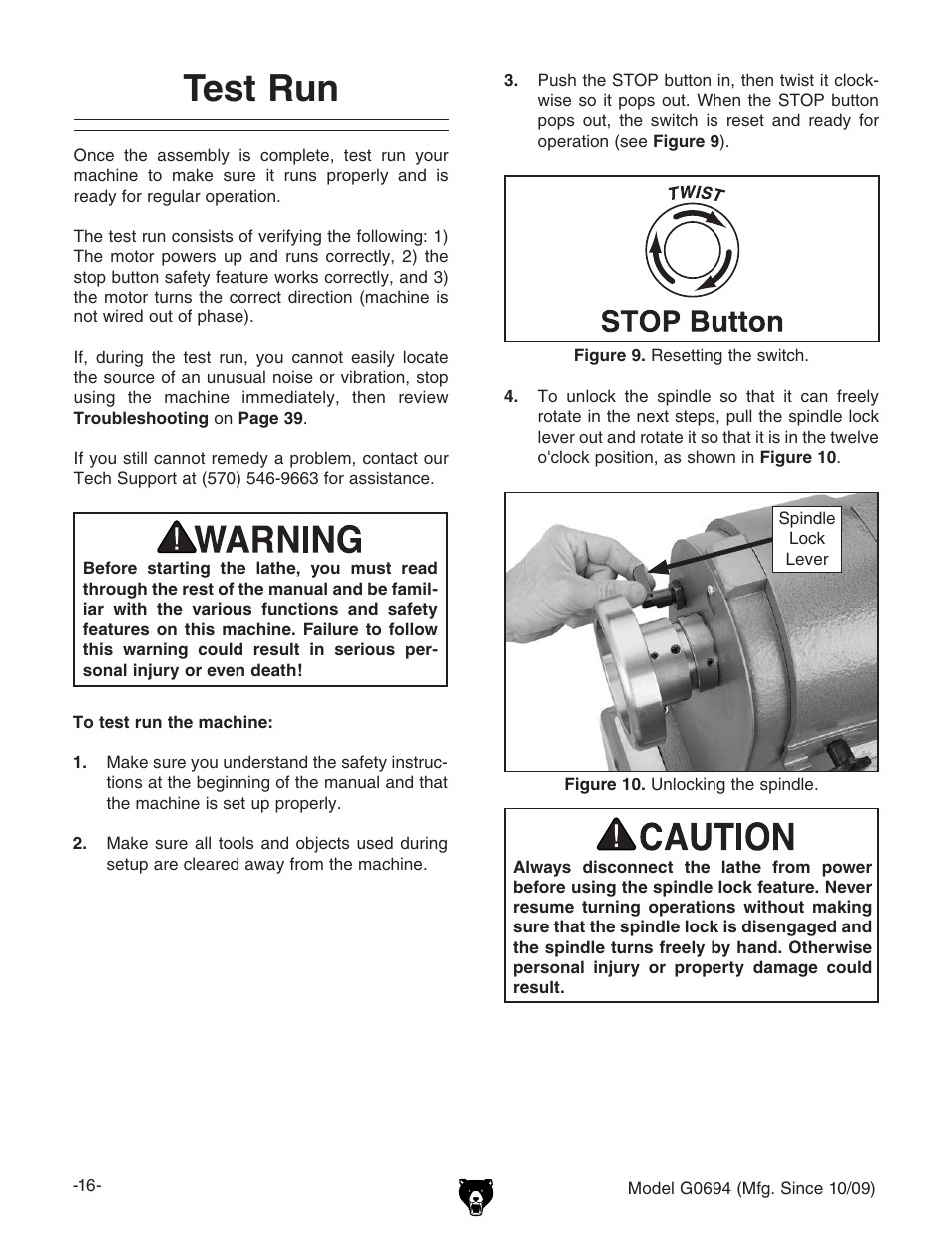 Test run | Grizzly G0694 User Manual | Page 18 / 60