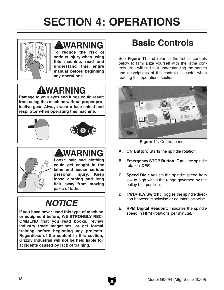 Notice, Basic controls | Grizzly G0694 User Manual | Page 20 / 60