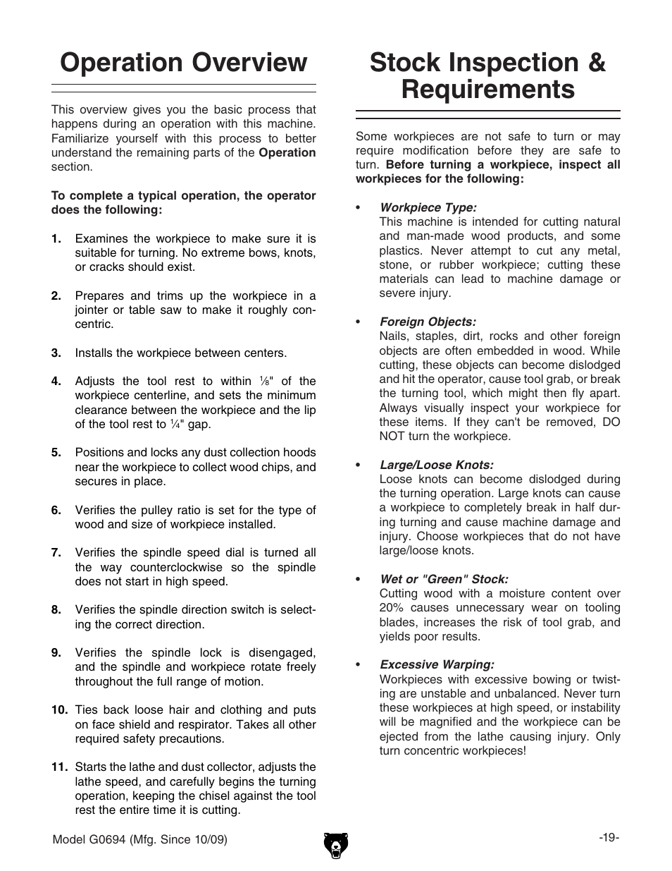 Stock inspection & requirements, Operation overview | Grizzly G0694 User Manual | Page 21 / 60