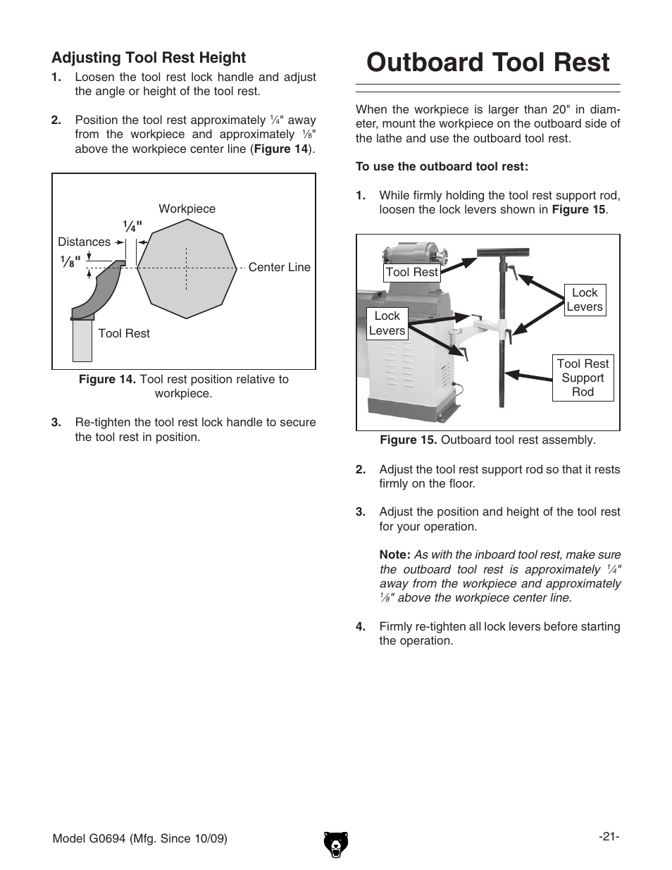 Outboard tool rest, Adjusting tool rest height | Grizzly G0694 User Manual | Page 23 / 60