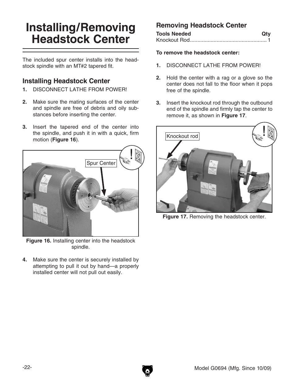 Installing/removing headstock center | Grizzly G0694 User Manual | Page 24 / 60